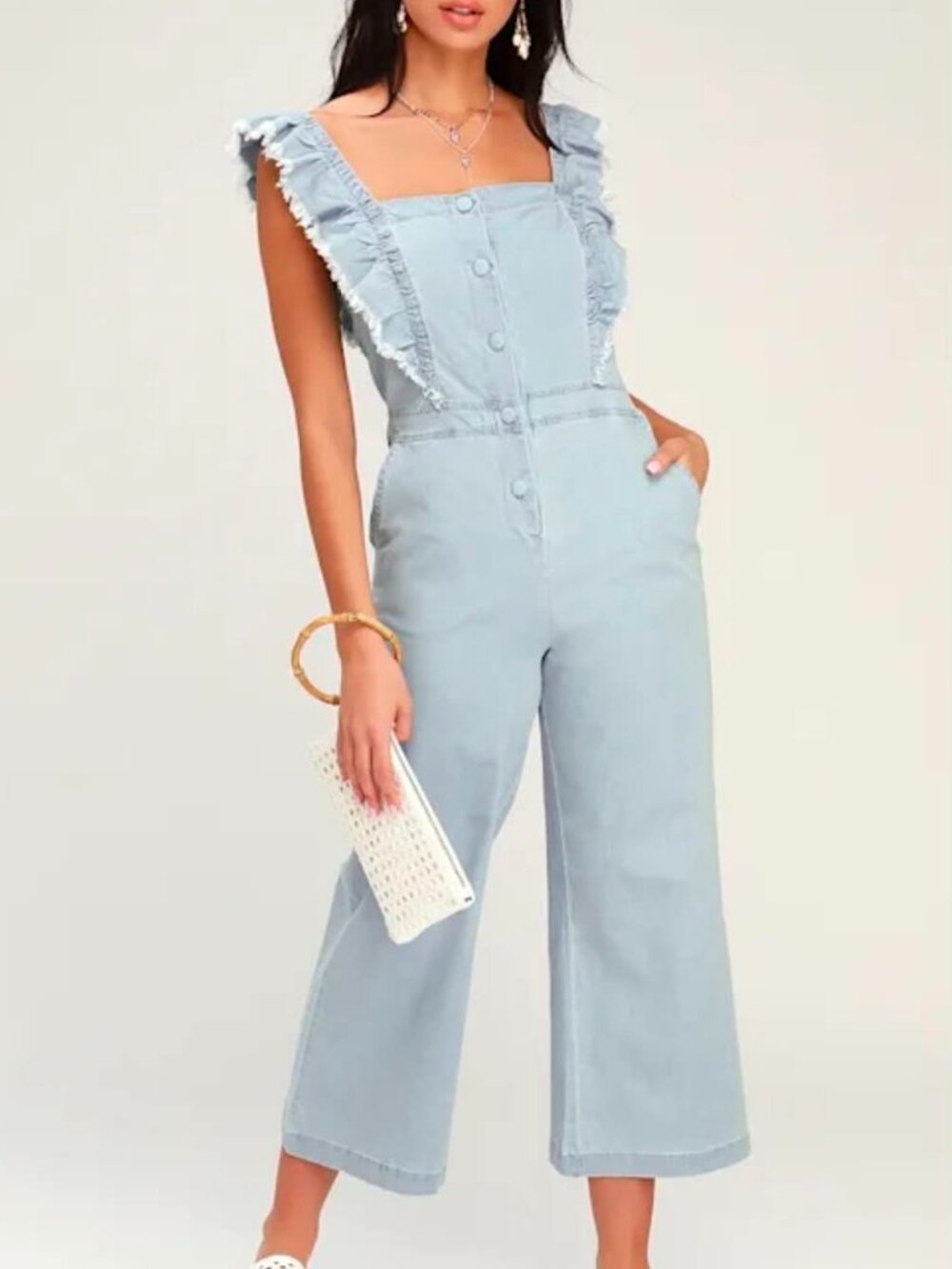 Jack by BB Dakota Denim Jumpsuit Raw Edge Ruffle Straps Women's size 4